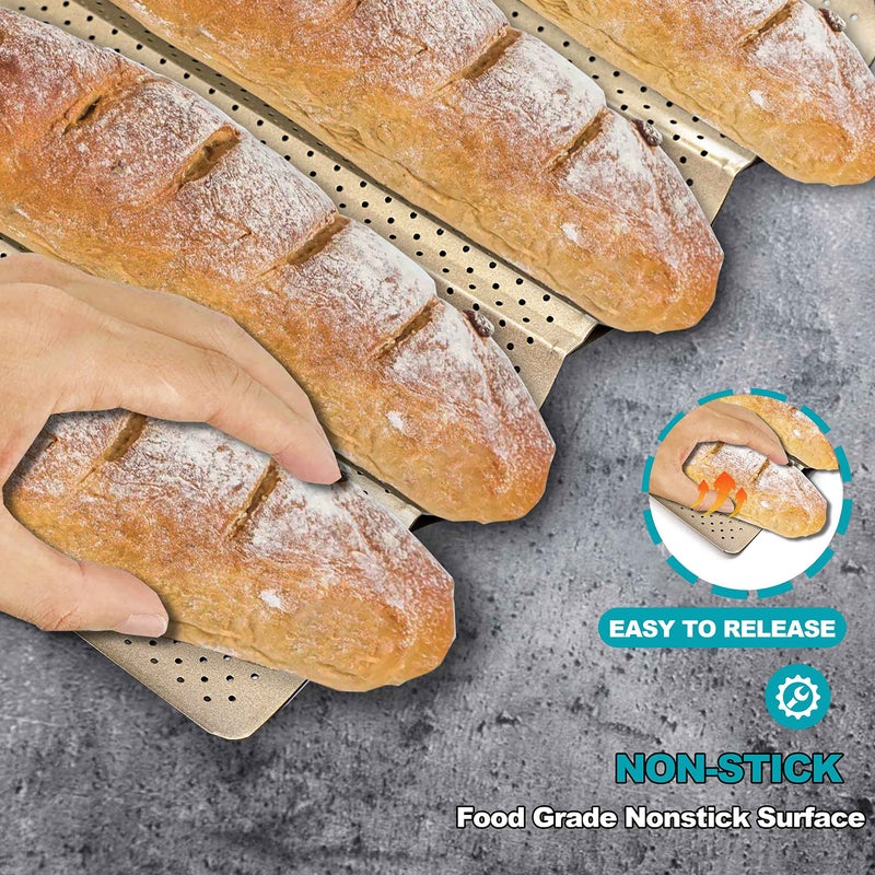 Anaeat Nonstick Perforated French Bread Baking Pan, 15"X 13" Premium Toast Mold Great for 4 Loaves Baguettes, French & Italian Bread Trays for Baking Loaf Bread, Ventilation & Heat Resistant (Gloden) - Image 5