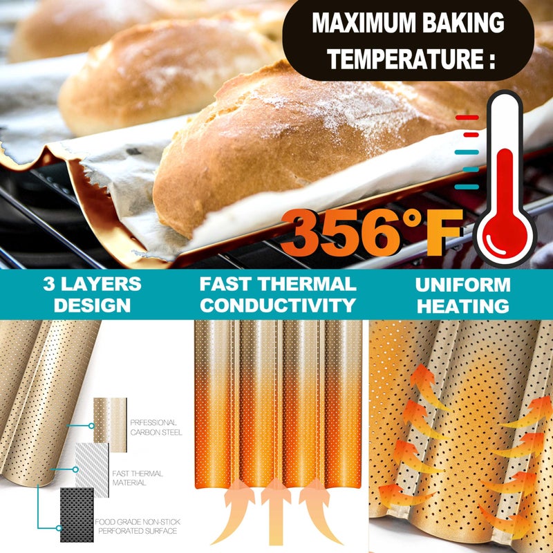 Anaeat Nonstick Perforated French Bread Baking Pan, 15"X 13" Premium Toast Mold Great for 4 Loaves Baguettes, French & Italian Bread Trays for Baking Loaf Bread, Ventilation & Heat Resistant (Gloden) - Image 3
