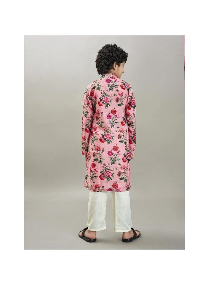 PRASHA Boys Peach floral printed  kurta with a off  white pajama - Image 2