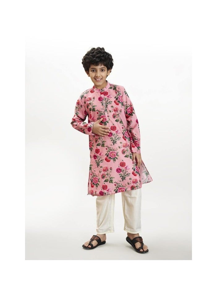 PRASHA Boys Peach floral printed  kurta with a off  white pajama - Image 1