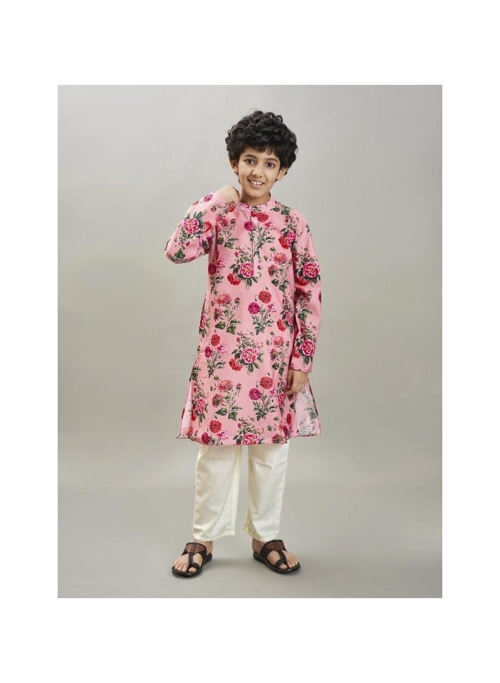 PRASHA Boys Peach floral printed  kurta with a off  white pajama - Image 3
