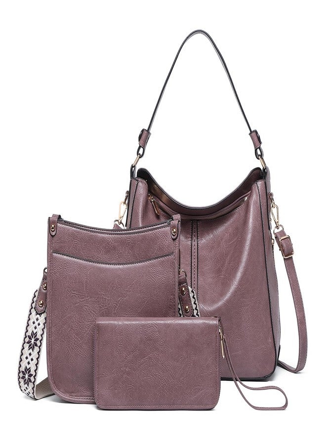 BAVERGE Purses for Women 3PCS, Crossbody Bags Set Large Leather Purse Shoulder Handbags with Wallet Adjustable Straps for Ladies Tote, Dark Purple, Medium-12.2", Solid - Image 1