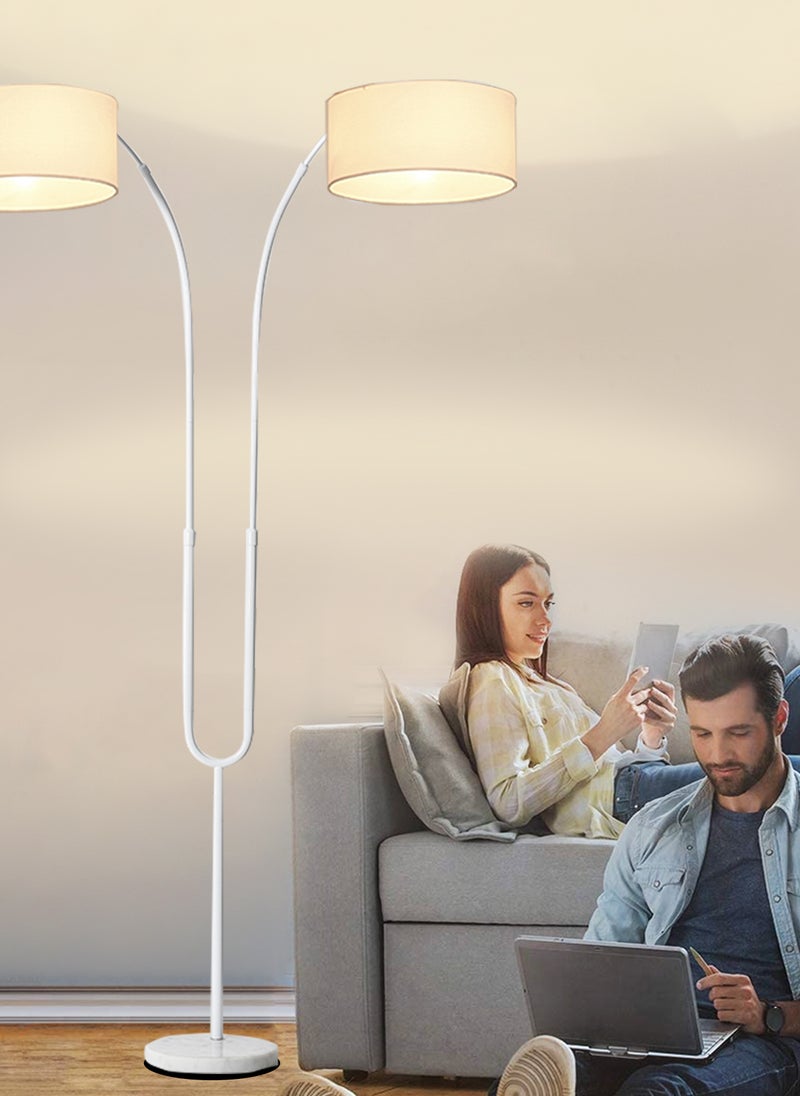 Glanfen - 3 Color Dimming Bulb, Freely Adjustable Double Lamp Floor Lamp Linen Lampshade, Hand Switch, Marble Base, with 12W Bulb - Image 1