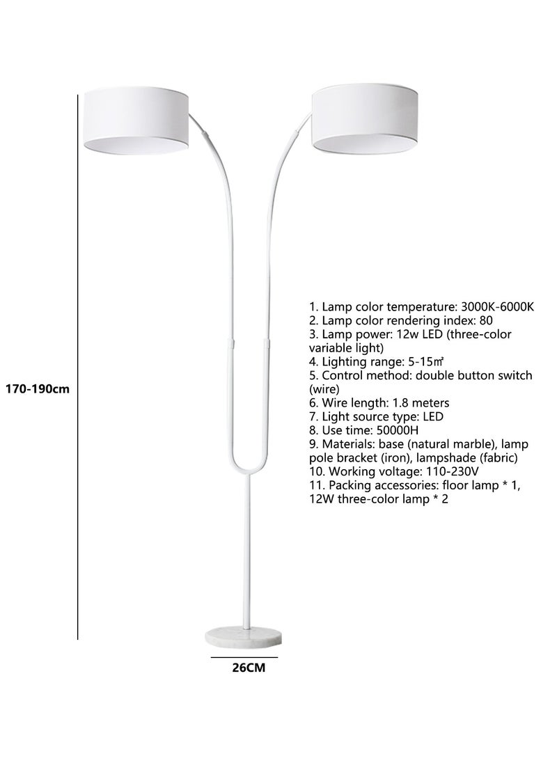 Glanfen - 3 Color Dimming Bulb, Freely Adjustable Double Lamp Floor Lamp Linen Lampshade, Hand Switch, Marble Base, with 12W Bulb - Image 1