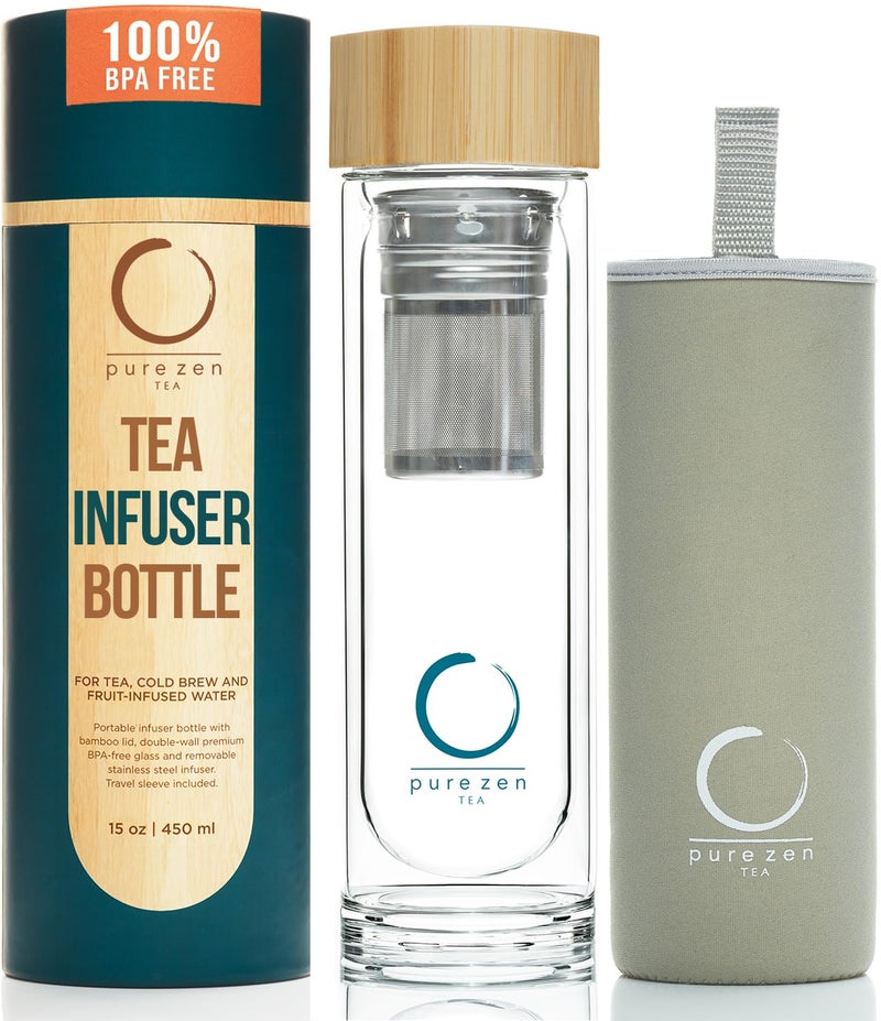 Pure Zen Tea Pure Zen Tea Infuser Bottle  Insulated Glass Bottle for Loose Leaf Infusions  Tea Tumbler with Infuser  Portable Travel Mug for Infused Water  Thermos with Diffuser on the Go  15 oz 