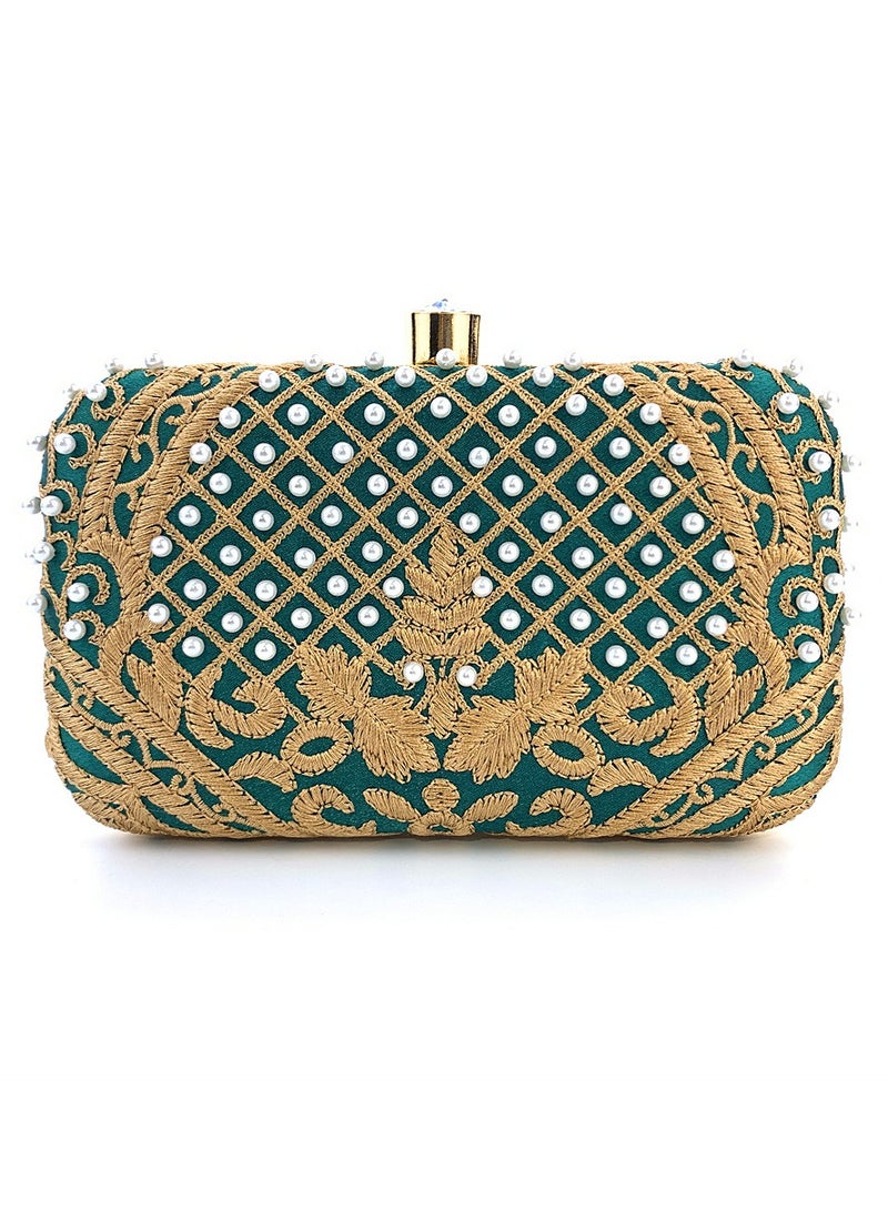 general Pearl Embroidered Banquet Handbag for Women's Banquets，Fashionable Colorful，Detachable Chain，Crossbody Bag Noble Retro Small（Green Gold） - Image 1
