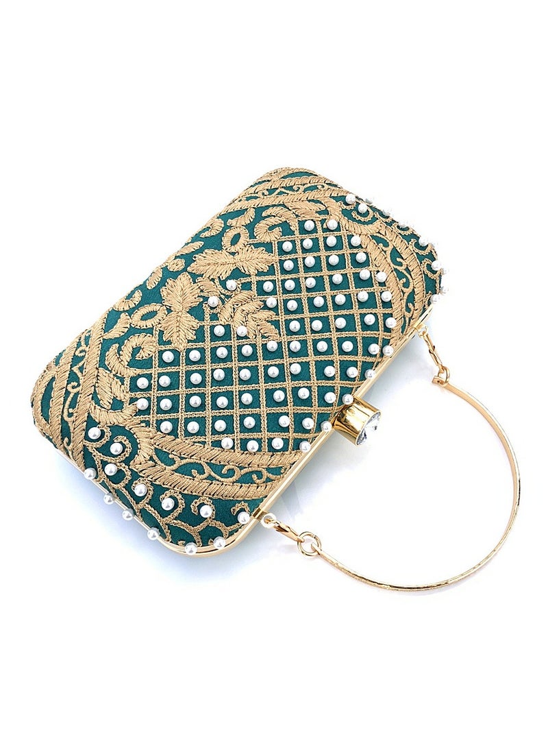 general Pearl Embroidered Banquet Handbag for Women's Banquets，Fashionable Colorful，Detachable Chain，Crossbody Bag Noble Retro Small（Green Gold） - Image 4