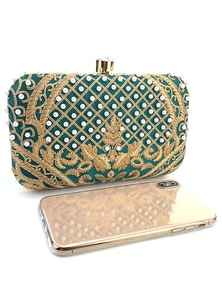 general Pearl Embroidered Banquet Handbag for Women's Banquets，Fashionable Colorful，Detachable Chain，Crossbody Bag Noble Retro Small（Green Gold） - Image 5