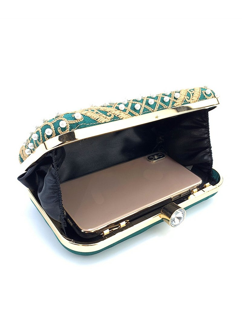 general Pearl Embroidered Banquet Handbag for Women's Banquets，Fashionable Colorful，Detachable Chain，Crossbody Bag Noble Retro Small（Green Gold） - Image 3