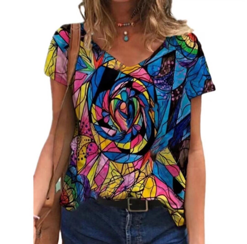 2021 New Summer Popular Floral Printing T-Shirt Women'S Short Sleeve V-Neck T-Shirt - Image 1