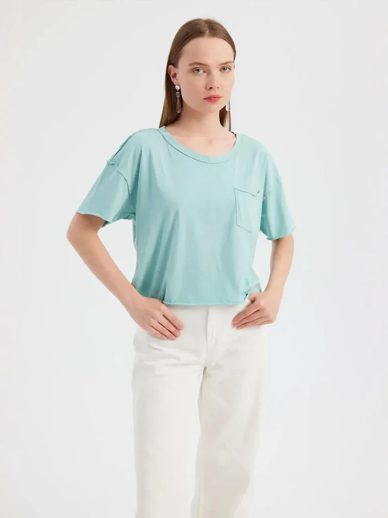 HICCUP Basic Woven Round Neck Short Sleeve T-Shirt