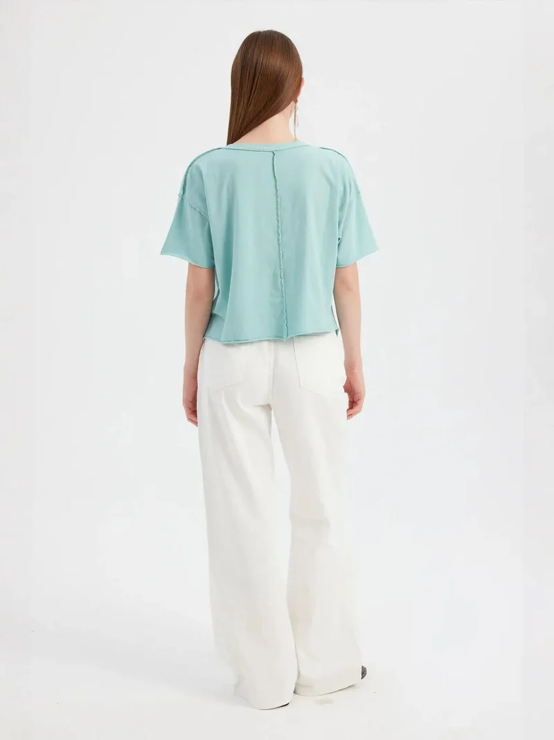 Hiccup Blue Basic Woven Round Neck Short Sleeve T-Shirt for Women | Best Price UAE