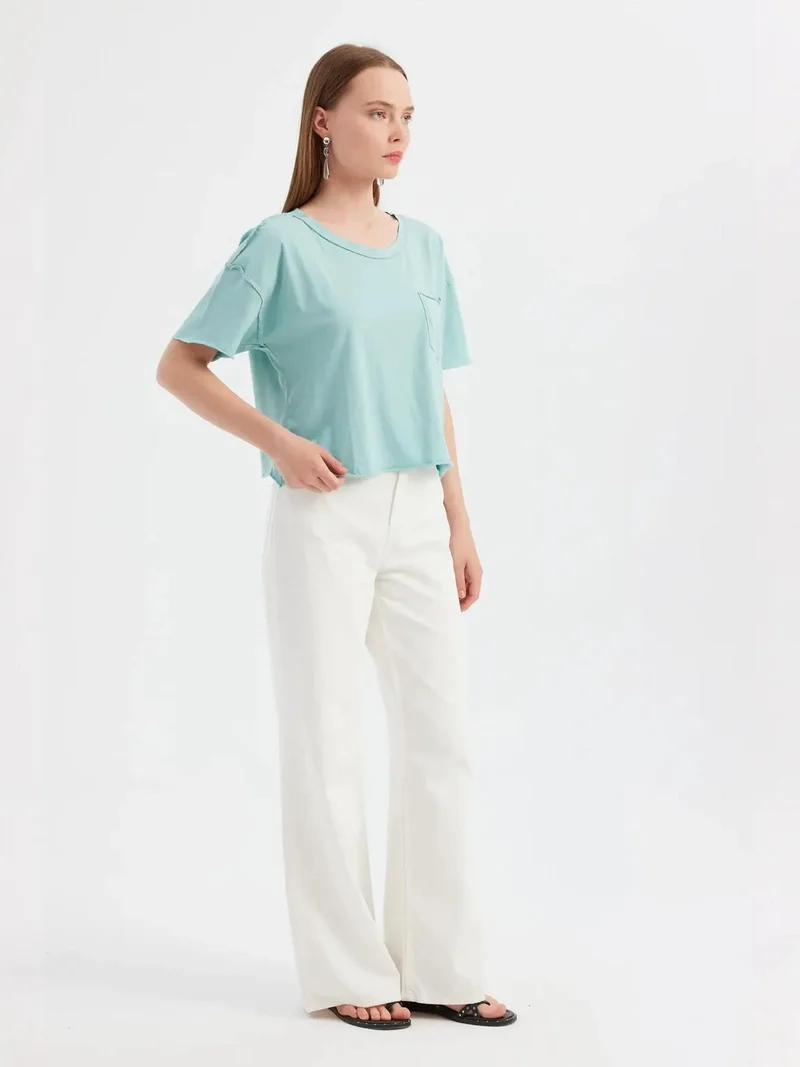 Hiccup Blue Basic Woven Round Neck Short Sleeve T-Shirt for Women | Best Price UAE