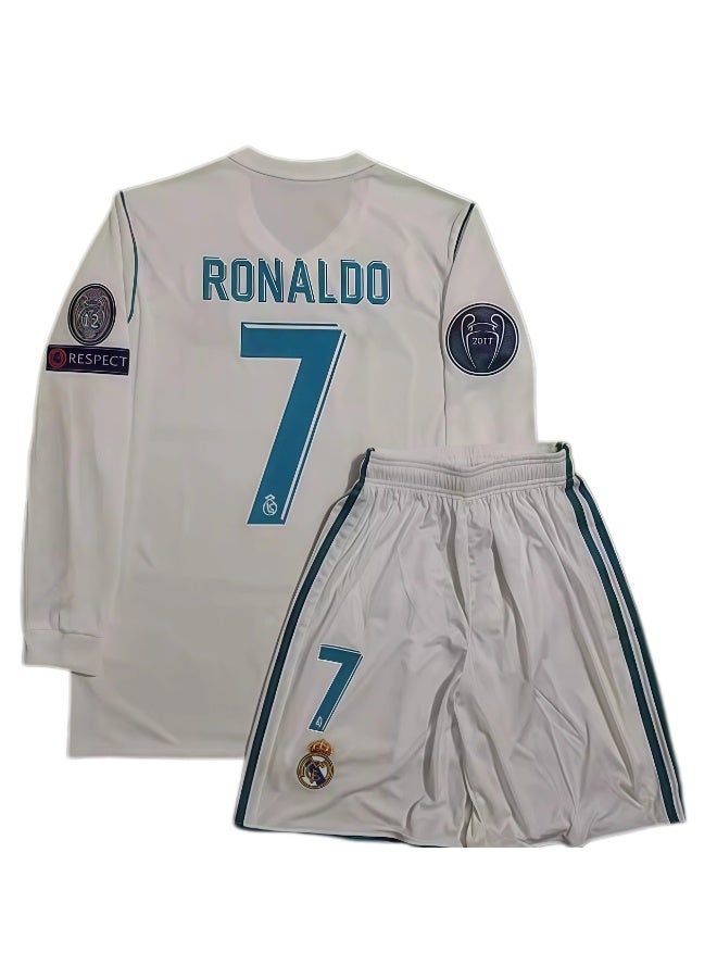 2017-2018 ريال مدريد المنزل الرجعية طويلة الأكمام لكرة القدم موحدة # 7 رونالدو كرة القدم جيرسي الأطفال حجم هدية للجماهير والأصدقاء - Image 1