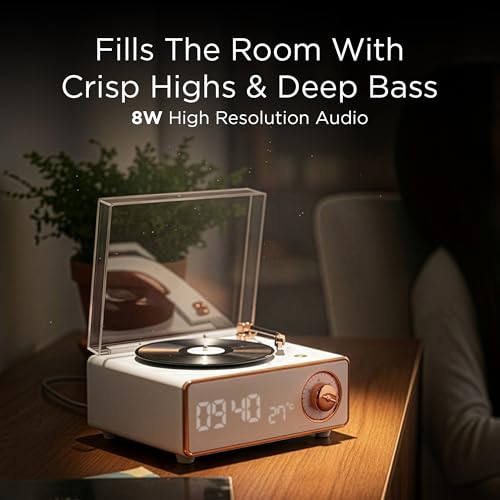 Pebble Newly Launched Disc Retro Bluetooth Speaker with Clock | Rotating Disk LP Design| 8W Sound | 1200mAh Battery | TypeC Charging | Premium Build - Pink - Image 3