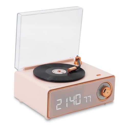 Pebble Newly Launched Disc Retro Bluetooth Speaker with Clock | Rotating Disk LP Design| 8W Sound | 1200mAh Battery | TypeC Charging | Premium Build - Pink - Image 1