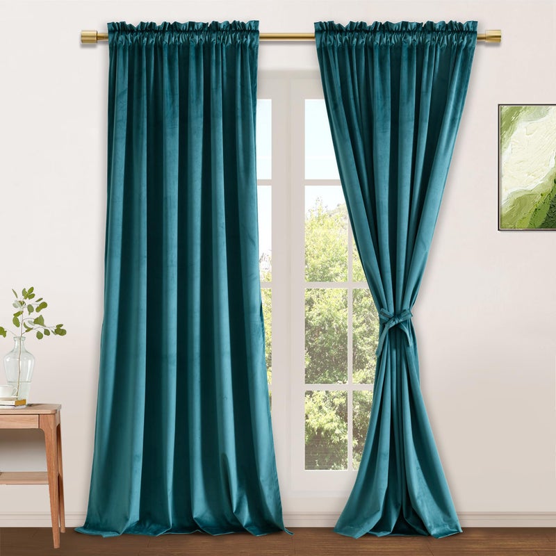 JIUZHEN Teal Velvet Curtains 84 inch Length for Bedroom Blackout Thermal Insulated Room Darkening Rod Pocket Drapes Set of 2 Panels with Tiebacks 52W x 84L Teal