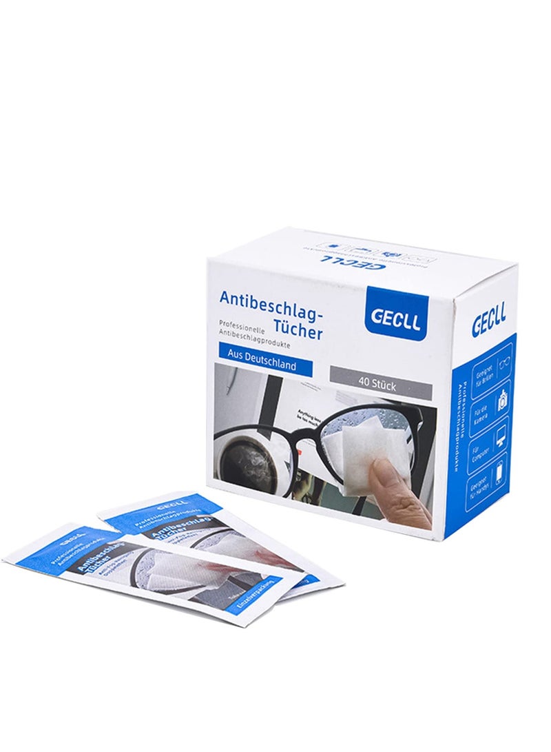 Anti-Fog Glasses Wipes, 40 Packs Individually Wrapped Lens Cleaning Wipes for Eyeglasses, Tablets, Camera Lenses, Cell Phone Laptop Screens, Keyboards and Delicate Surfaces - Image 1