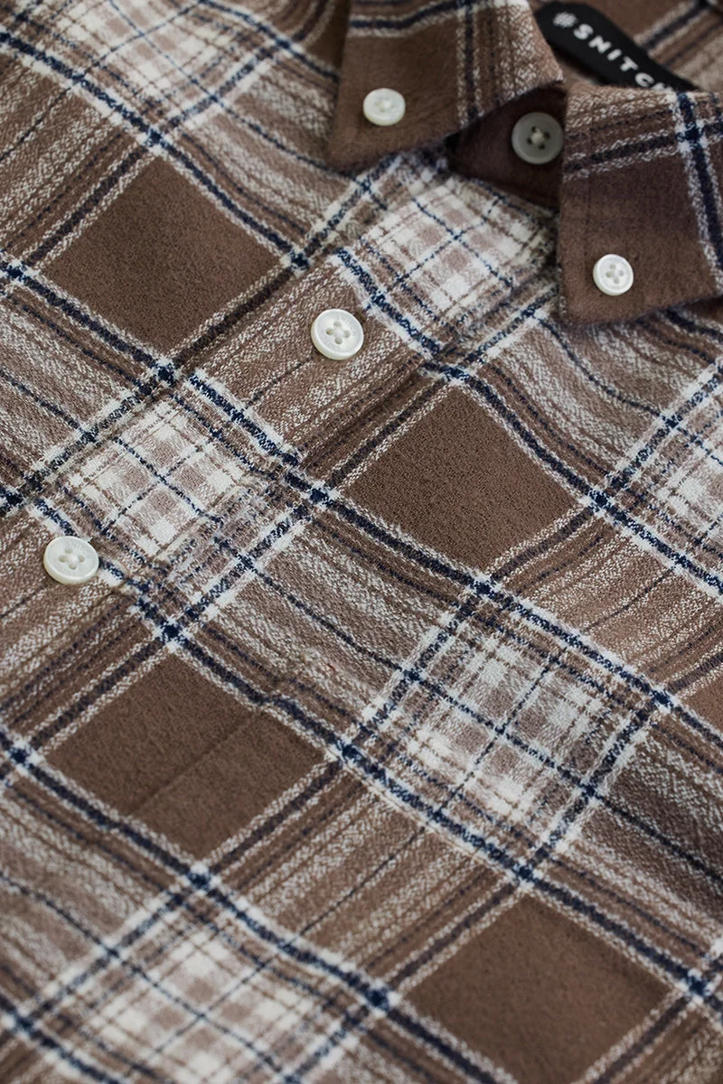 سنيتش Brown Checkered Long Sleeve Slim Fit Casual Shirt