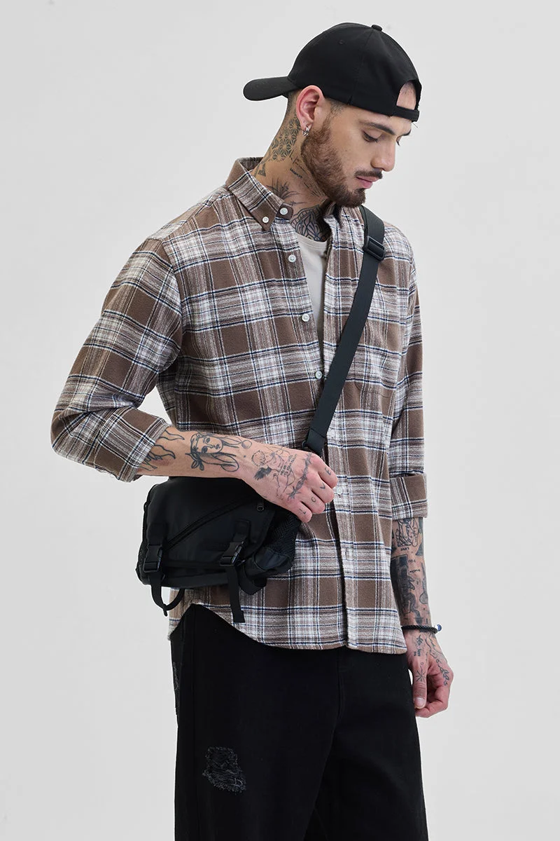 سنيتش Brown Checkered Long Sleeve Slim Fit Casual Shirt