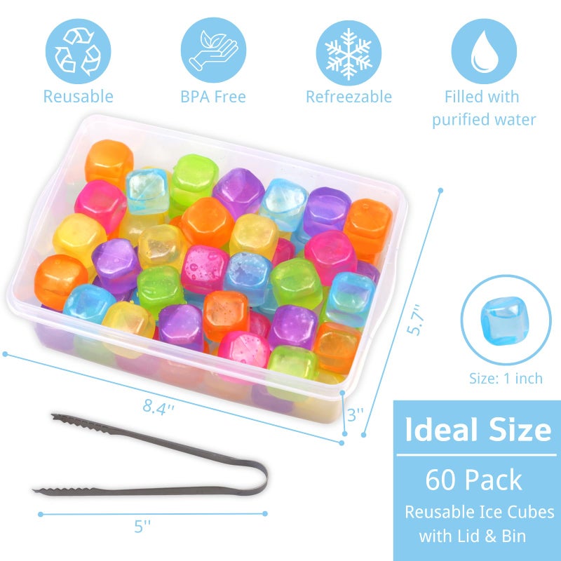 BYTTME Reusable Ice Cube With Lid & Bin  60 Pack Plastic Ice Cubes For Drinks Bpa Free  Colorful Refreezable Square Ice Cubes For Water Bottles  Whiskey  Vodka  Coffee  Beer Or Wine  Non-Diluting - Image 2