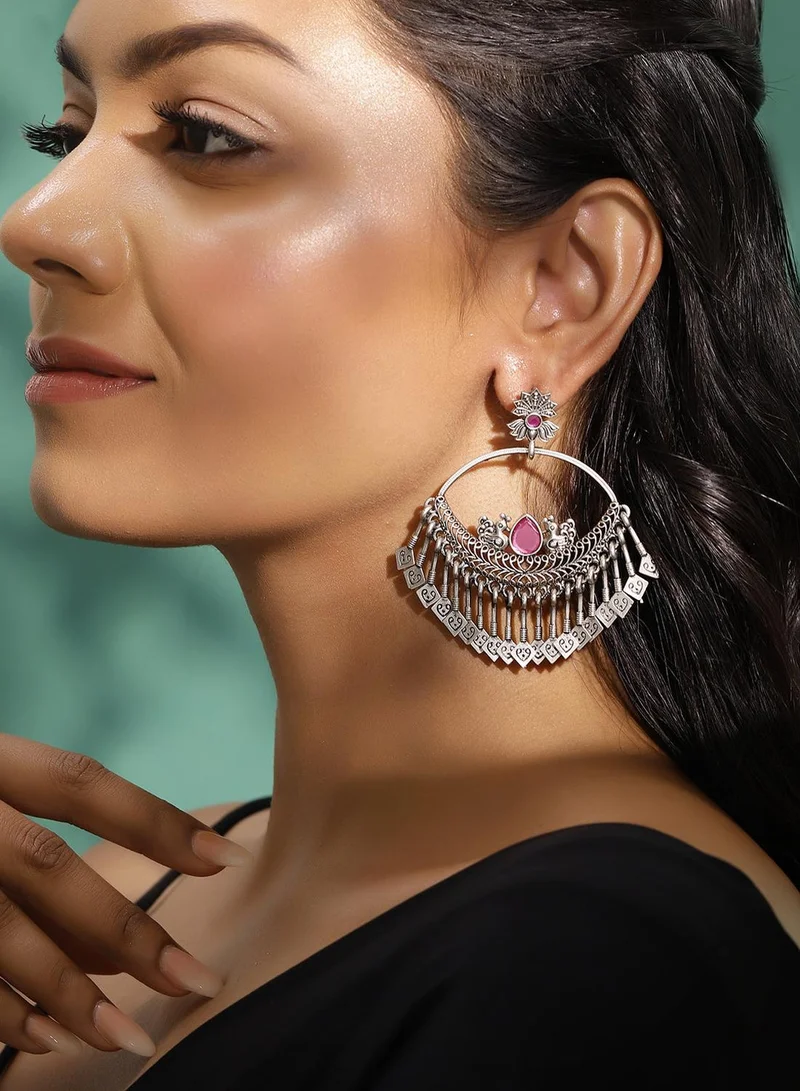 ISHIN Pink Colour Metallic Grey Plated Chandbali Earring