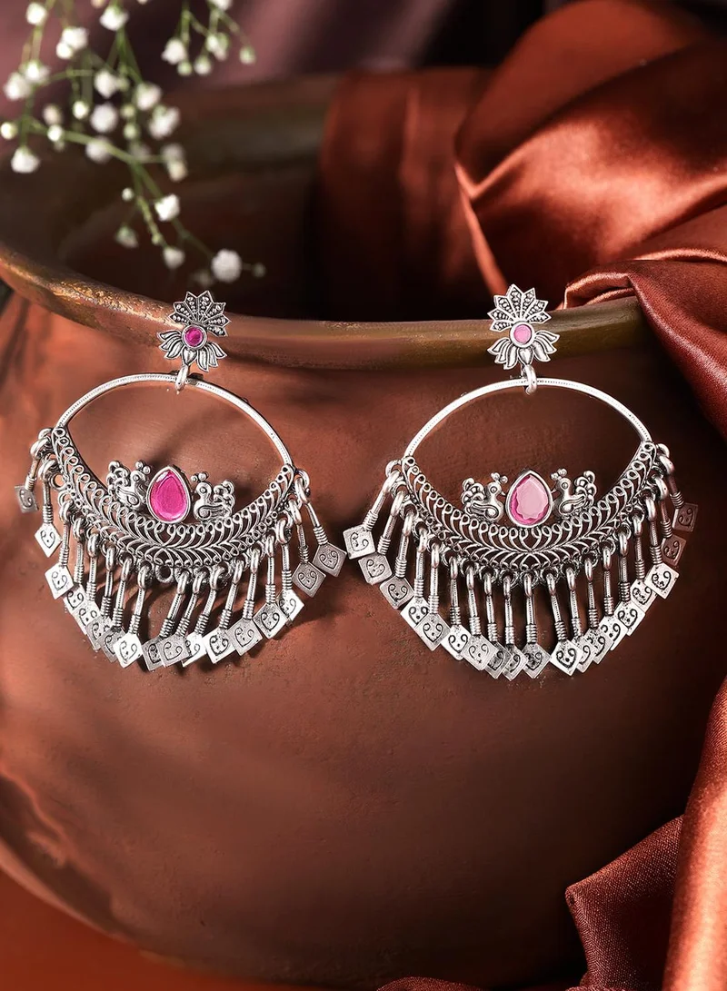 ISHIN Pink Colour Metallic Grey Plated Chandbali Earring