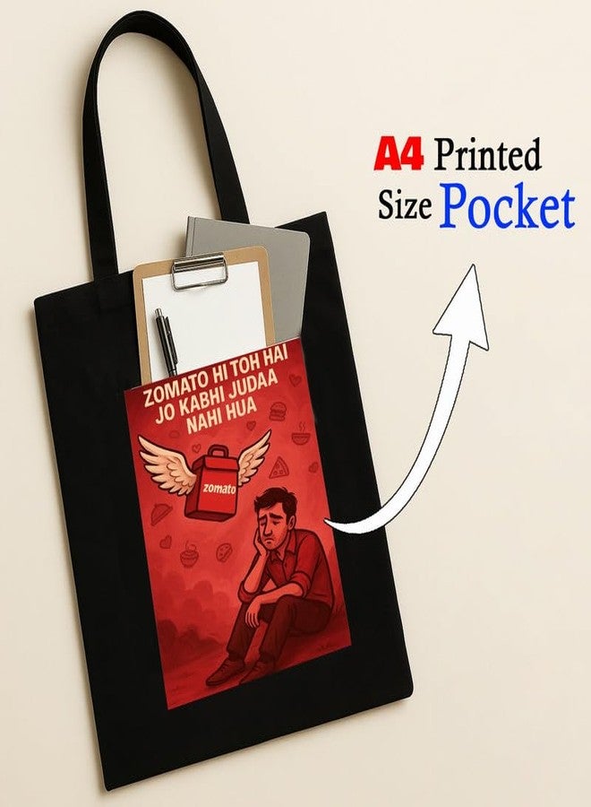 Megrok Zomato Loyalist Tote Bag for Women | Front A4 Size Printed Pocket | 16x14 Inch Foodie Humor Cotton Bag | Delivery App Fan Favorite - Image 2