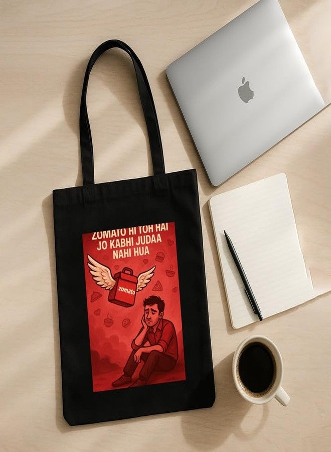 Megrok Zomato Loyalist Tote Bag for Women | Front A4 Size Printed Pocket | 16x14 Inch Foodie Humor Cotton Bag | Delivery App Fan Favorite - Image 5