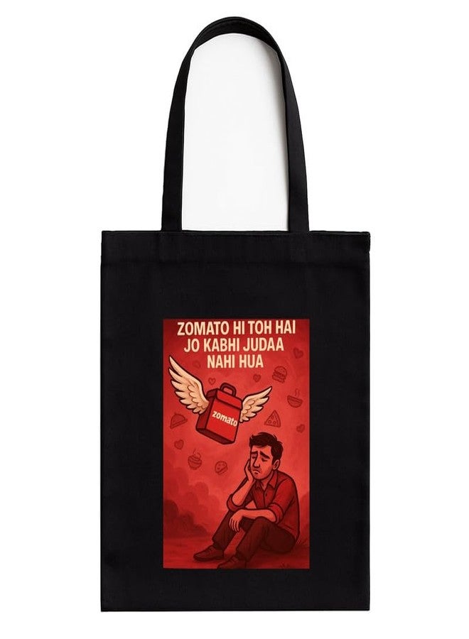 Megrok Zomato Loyalist Tote Bag for Women | Front A4 Size Printed Pocket | 16x14 Inch Foodie Humor Cotton Bag | Delivery App Fan Favorite - Image 1