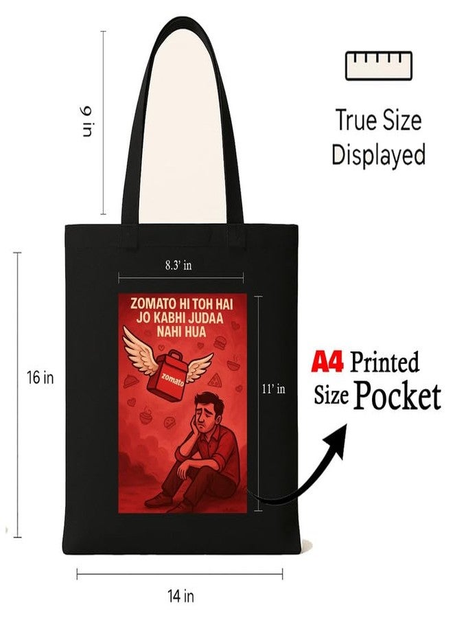 Megrok Zomato Loyalist Tote Bag for Women | Front A4 Size Printed Pocket | 16x14 Inch Foodie Humor Cotton Bag | Delivery App Fan Favorite - Image 3