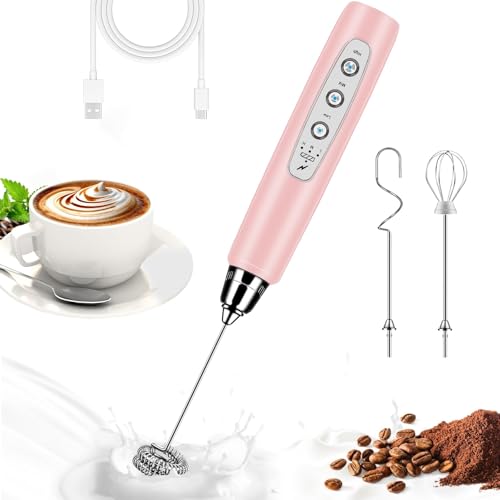 BSRGMS Milk Frother Handheld for Coffee, Electric Whisk 3 Speed Adjustable, Drink Mixer with Stainless 3 Whisks, Rechargeable Hand Frother Wand, Foam Maker for Latte Cappuccino Hot Chocolate Egg Pink - Image 1