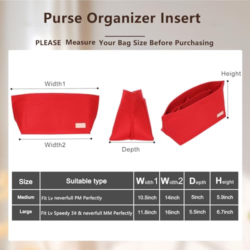 OAikor Purse Organizer Insert with Base Shaper,Felt Tote Bag Organizer Insert Compatible with Speedy 30 Neverfull MM and More,Bag Inner Shaper for Luxury Handbags,Red/L - Image 2