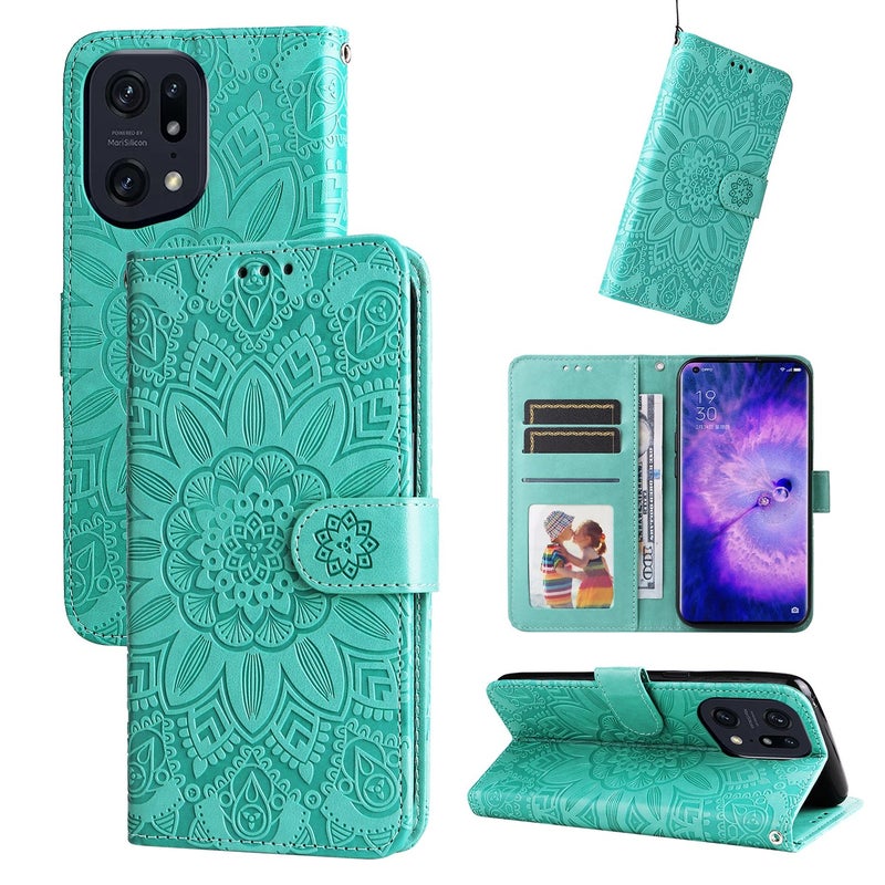 BURAQ Case Cover For OPPO Find X5 Embossed Sunflower Leather Phone Case(Green) - Image 1