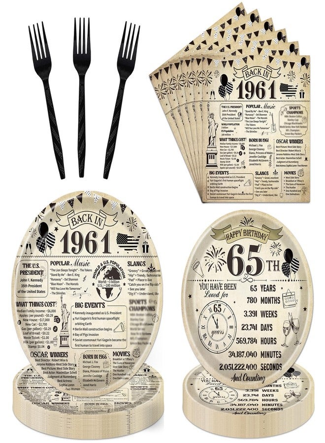 refavor 65th Birthday Decorations for Men Women, Vintage 96PCS Back in 1961 65th Party Plates Napkins and Forks Tableware, Disposable Cheers to 65 Years Dinnerware Supplies 24 Guests - Image 2