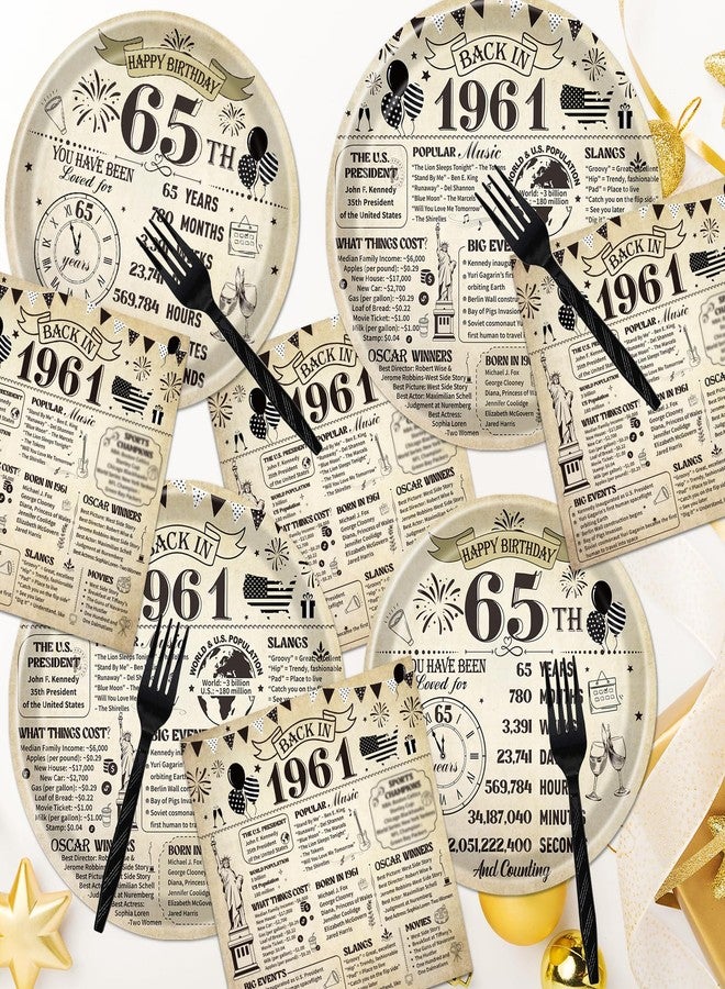 refavor 65th Birthday Decorations for Men Women, Vintage 96PCS Back in 1961 65th Party Plates Napkins and Forks Tableware, Disposable Cheers to 65 Years Dinnerware Supplies 24 Guests - Image 5