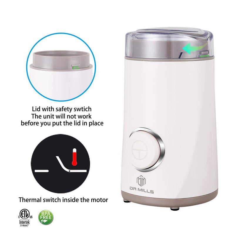 DR MILLS DM-7441 Coffee Grinder Electric, Coffee Bean and Dried Spice Grinder, One Touch Operation, Blade and cup made with SUS304 stainless steel (White) - Image 5