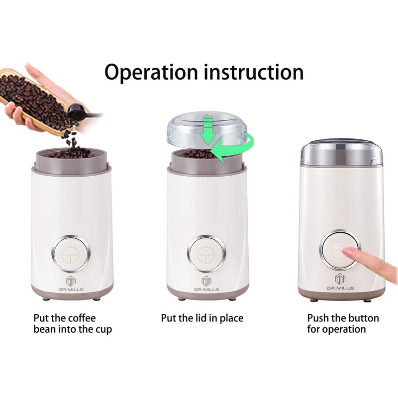 DR MILLS DM-7441 Coffee Grinder Electric, Coffee Bean and Dried Spice Grinder, One Touch Operation, Blade and cup made with SUS304 stainless steel (White) - Image 2