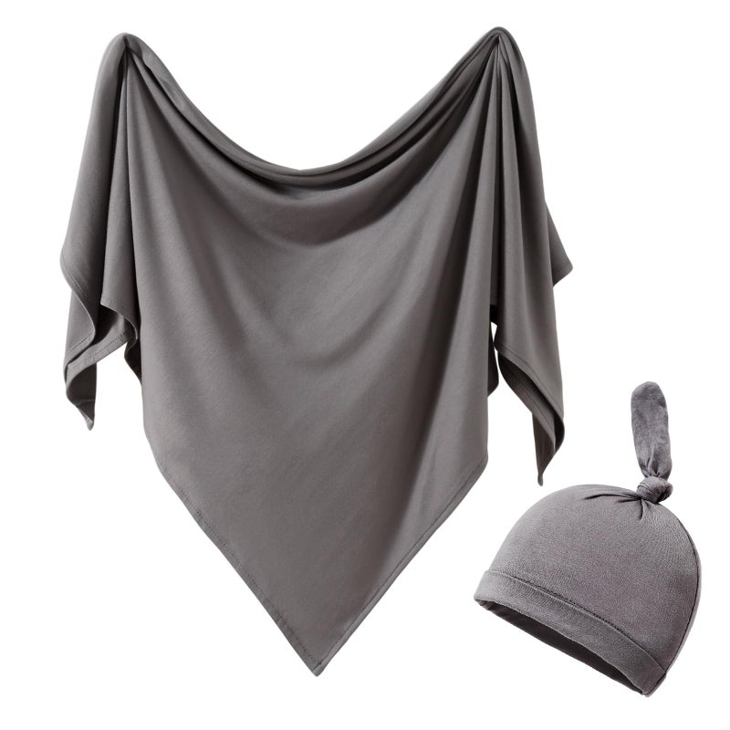 iEvolve Cotton Knitted Baby Swaddle Blanket with Hat Headband Set Newborn Swaddle Wrap Receiving Blankets for Baby Girl Boy 35" x 35"(Dark Grey) - Image 1