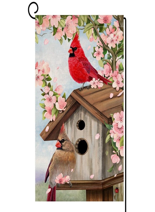 BLKWHT Spring Cardinal Bird Garden Flag 12x18 Vertical Double Sided Pink Flowers Tree Summer Farmhouse Holiday Outside Decorations Burlap Yard Flag BW792 - Image 1