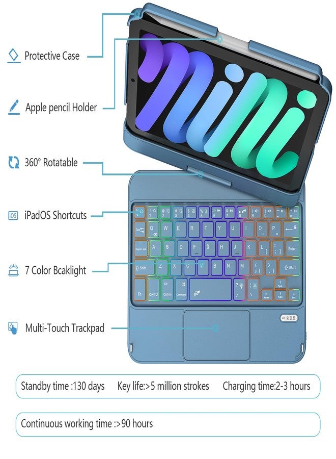 تاييانج جراب لوحة مفاتيح TaIYanG لجهاز iPad mini 7 A17 Pro 2024 و Mini 6.7، جراب لوحة مفاتيح بإضاءة خلفية ملونة ولوحة لمس لجهاز iPad mini الجيل السادس 2021 مقاس 8.3 بوصة، غطاء نحيف قابل للدوران 360 درجة لجهاز iPad mini الجيل السابع، لون أزرق محيطي - Image 3