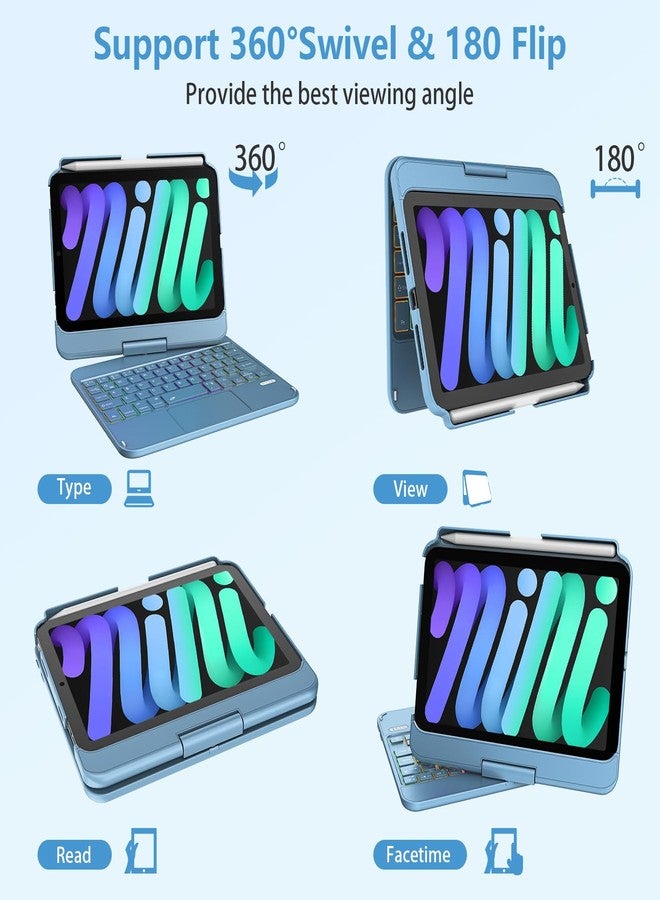 تاييانج جراب لوحة مفاتيح TaIYanG لجهاز iPad mini 7 A17 Pro 2024 و Mini 6.7، جراب لوحة مفاتيح بإضاءة خلفية ملونة ولوحة لمس لجهاز iPad mini الجيل السادس 2021 مقاس 8.3 بوصة، غطاء نحيف قابل للدوران 360 درجة لجهاز iPad mini الجيل السابع، لون أزرق محيطي - Image 4