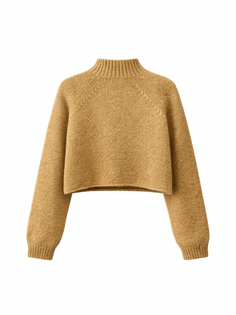 Mixray Tan Natural MIXRAY Women's Cropped Textured Knit Sweater for Women | Best Price UAE