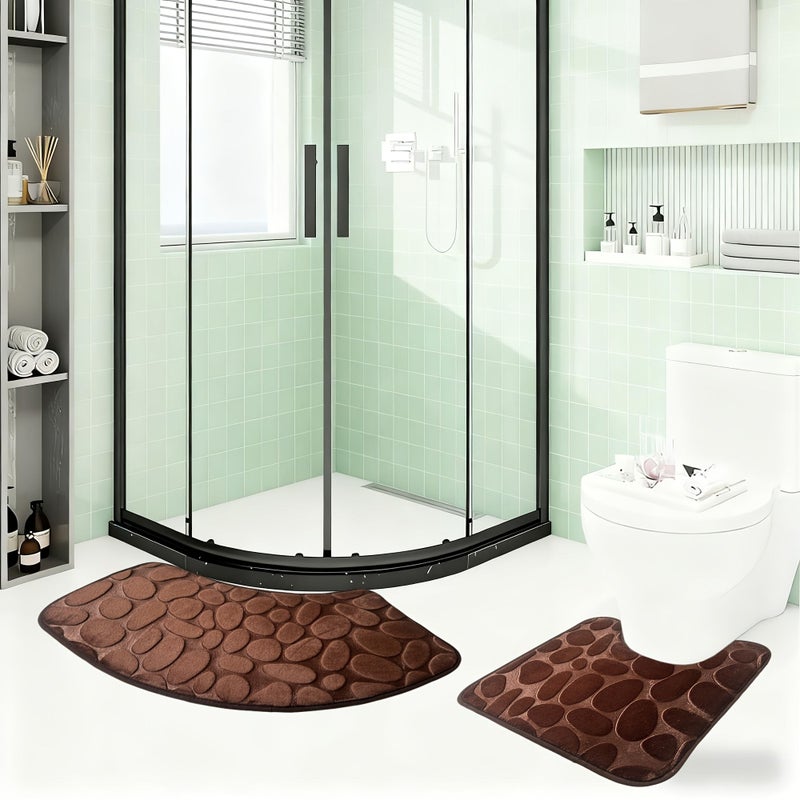 Coffee Flannel Bath Mat Set Non Slip Absorbent 600 Gsm Rectangle And U Shaped 2pcs - Image 5