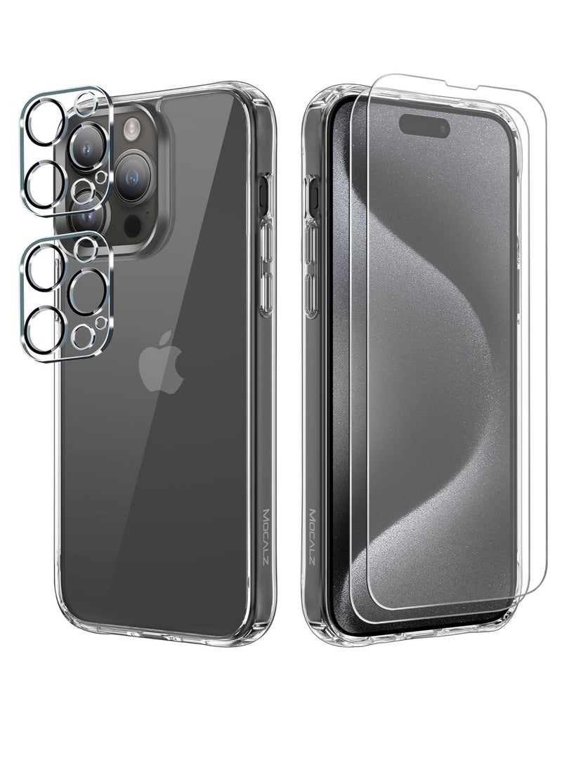 Raxoom ELTRAZONE Designed for iPhone 15 Pro Case, [Clear] 5 in 1 [Non Yellowing] Case with 2X Tempered Glass Screen and 2X Camera Lens Protectors, Shockproof and Air-Guard Corners (Clear Non MagSafe) - Image 1