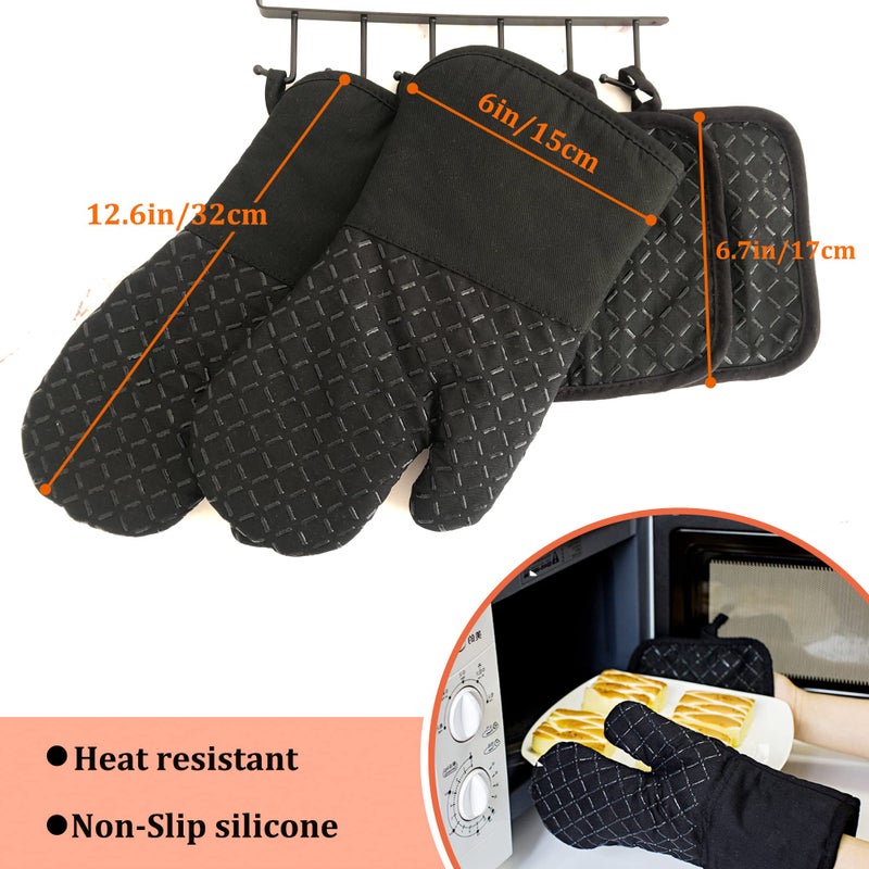 Pynqdfu 4 Pcs Oven Mitts and Pot Holders Oven Glove High Heat Resistant 500 Degree Long Oven Mitts with Recycled Cotton Infill and Silicone Non-Slip Surface for Baking Kitchen Cooking(Black) - Image 2