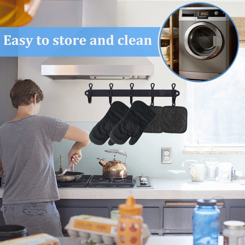 Pynqdfu 4 Pcs Oven Mitts and Pot Holders Oven Glove High Heat Resistant 500 Degree Long Oven Mitts with Recycled Cotton Infill and Silicone Non-Slip Surface for Baking Kitchen Cooking(Black) - Image 5