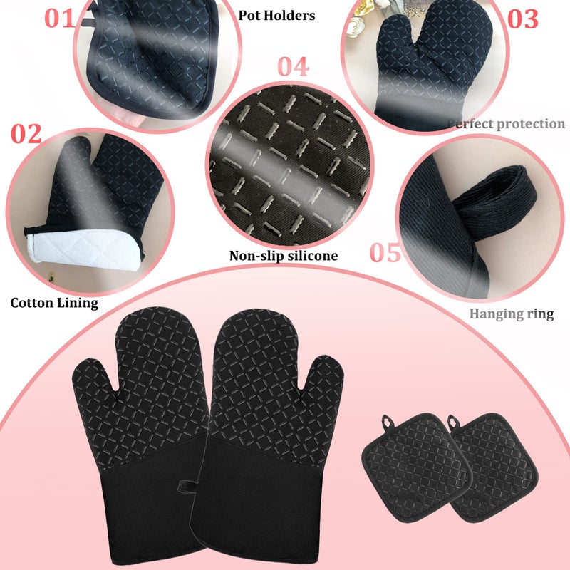 Pynqdfu 4 Pcs Oven Mitts and Pot Holders Oven Glove High Heat Resistant 500 Degree Long Oven Mitts with Recycled Cotton Infill and Silicone Non-Slip Surface for Baking Kitchen Cooking(Black) - Image 3