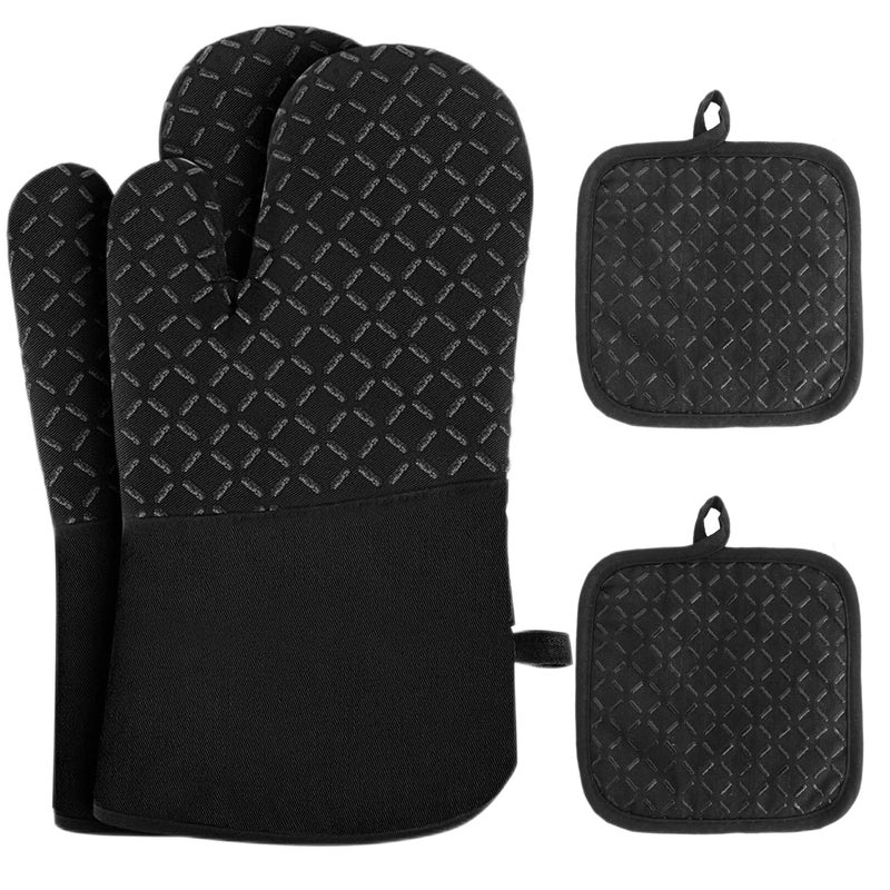 Pynqdfu 4 Pcs Oven Mitts and Pot Holders Oven Glove High Heat Resistant 500 Degree Long Oven Mitts with Recycled Cotton Infill and Silicone Non-Slip Surface for Baking Kitchen Cooking(Black) - Image 1