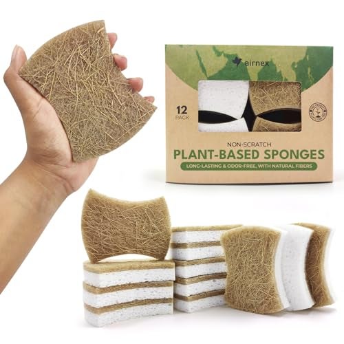 AIRNEX Biodegradable Natural Dish Sponges - Coconut and Cellulose - Eco Friendly Non-Scratch Heavy Duty Dish Scrubber - Pack of 12 - Image 1